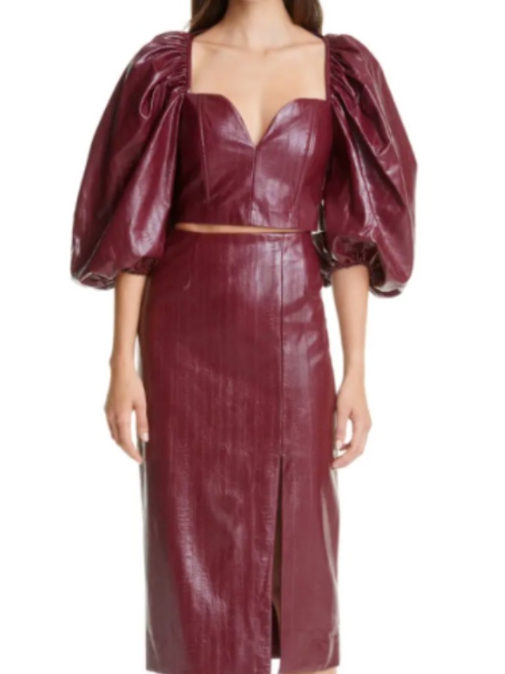 Rotate Birger Christensen Faux Leather Burgundy Cropped Balloon Sleeve Top